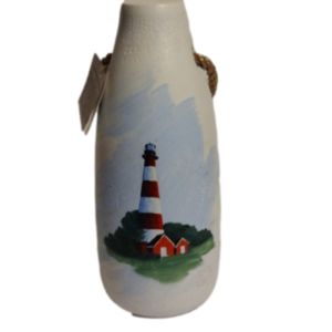 Wooden buoy with hand painted lighthouse. 12 inches tall